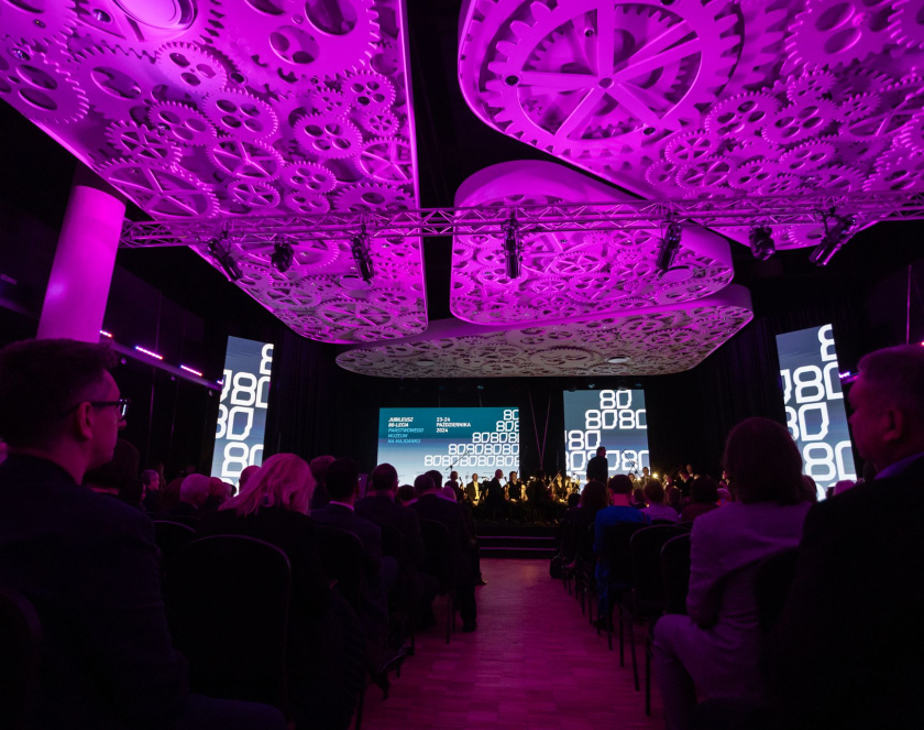 An auditorium with a backlit ceiling 