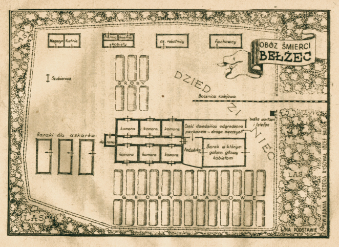 Rysunkowy plan obozu zagłady w Bełżcu przedstawiający rzędy prostokątnych baraków, drzewa, duże puste przestrzenie oznaczone jako dziedzińce
