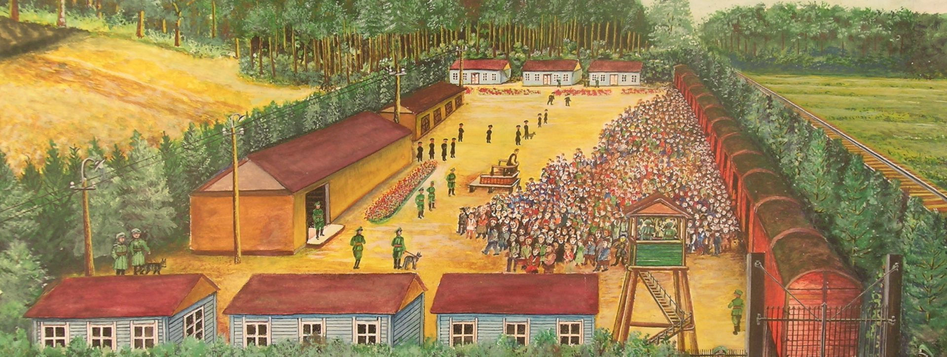 Malowidło przedstawiające widok z góry na teren obozu otoczonego gęsto ustawionymi drzewkami iglastym. Po prawej stronie, przez otwartą bramę, wjeżdża pociąg składający się z wagonów bydlęcych. W centralnej części obrazu, na piaszczystym placu, stłoczony jest gęsty tłum ludzi. Wokół nich oraz przy barakach stoją strażnicy i SS-mani, niektórzy z psami. Na terenie obozu znajdują się drewniane baraki i domki oraz drewniana wieża strażnicza. 