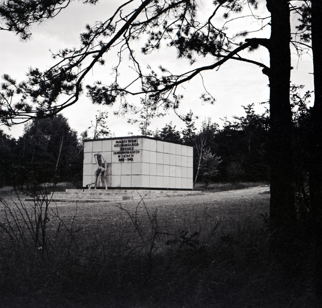 An archive black-and-white photograph of the first memorial to the victims of the Bełżec extermination camp. In a clearing surrounded by forest stands a concrete cuboid bearing a commemorative inscription and a sculpture depicting two emaciated figures clasped together. The scene is captured from behind the branches of the trees.
