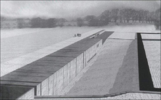 A black-and-white rendering of the architectural design depicting the museum building