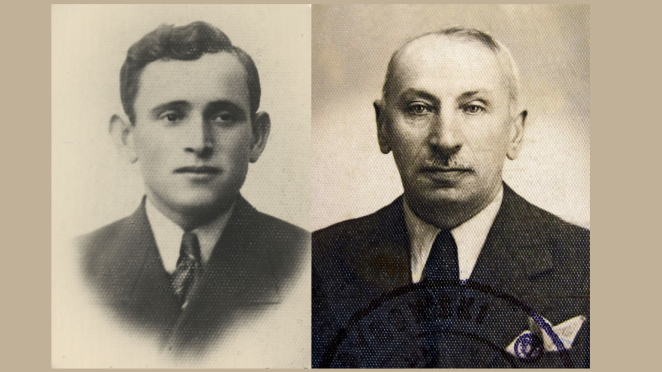 Po lewej stronie znajduje się portret Chaima Hirszmana jako młodego mężczyzny. Ma ciemne, lekko kręcone włosy i orzechowe oczy. Jest ubrany w ciemny garnitur i krawat. Patrzy wprost w obiektyw. Po prawej stronie znajduje się portret Rudolfa Redera jako starszego mężczyzny. Ma siwe włosy, wąsy i migdałowe oczy. Jest ubrany w ciemny garnitur i krawat. W kieszeni marynarki widać chusteczkę.