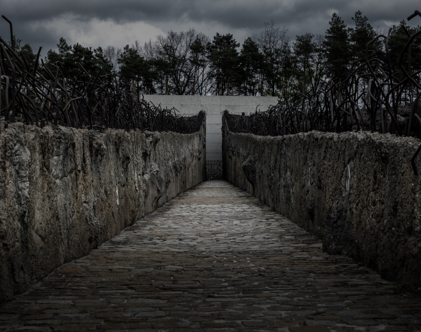 Black-and-white photograph. A cobblestone path with rising walls on both sides and iron wires. Trees are visible in the background