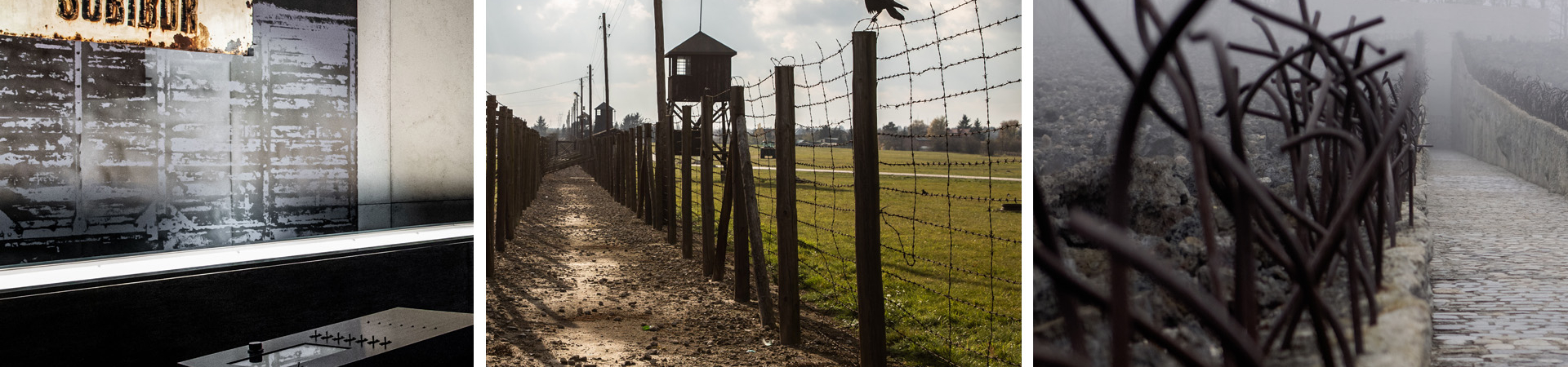 Photo collage: the permanent exhibition at the Museum and Memorial in Sobibór, the site of the former German concentration camp at Majdanek, and the memorial site at the Museum and Memorial in Bełżec.