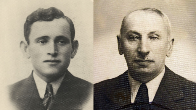 Po lewej stronie znajduje się portret Chaima Hirszmana jako młodego mężczyzny. Ma ciemne, lekko kręcone włosy i orzechowe oczy. Jest ubrany w ciemny garnitur i krawat. Patrzy wprost w obiektyw. Po prawej stronie znajduje się portret Rudolfa Redera jako starszego mężczyzny. Ma siwe włosy, wąsy i migdałowe oczy. Jest ubrany w ciemny garnitur i krawat. W kieszeni marynarki widać chusteczkę.