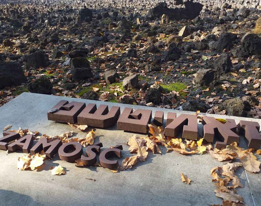 ragment pomnika w Muzeum i Miejscu Pamięci w Bełżcu. Na betonowej płycie widnieje napis „Zamość” w języku polskim i hebrajskim. Wokół liter leżą opadłe jesienne liście, a w tle rozciąga się teren pokryty kamieniami.